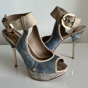 Guess by Marciano platform heels, snakeprint, denim print, taupe leather size 7